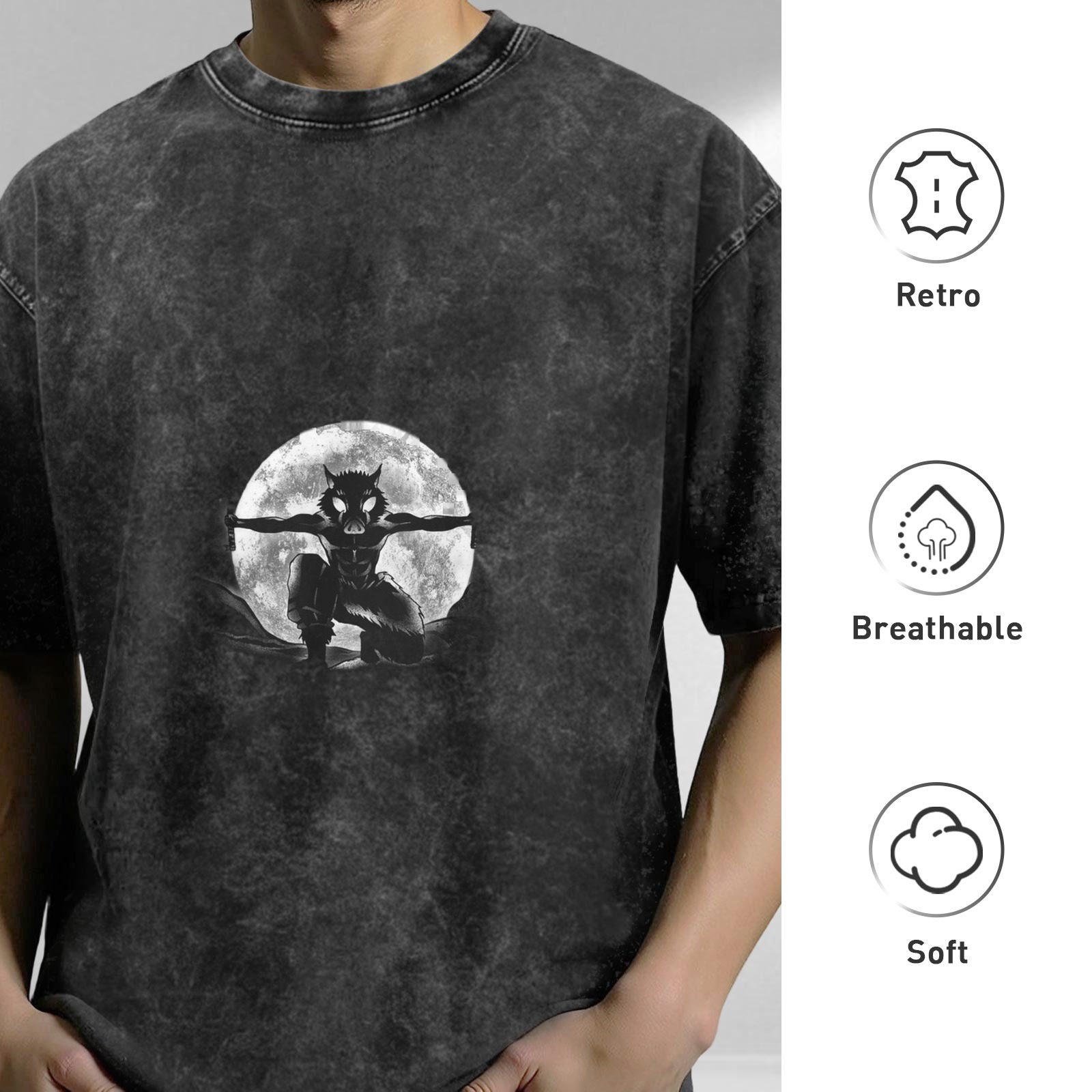 Distressed washed black werewolf full moon print loose short-sleeved T-shirt