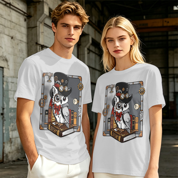 Owl in Steampunk Attire on Book Graphic Tee