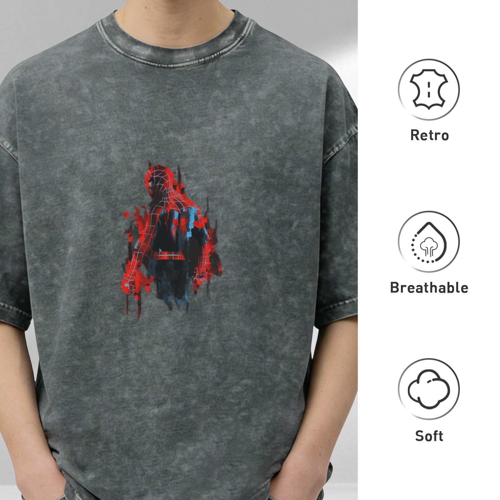 Oversized Acid Wash T-Shirt with Abstract Spider-Man Graphic