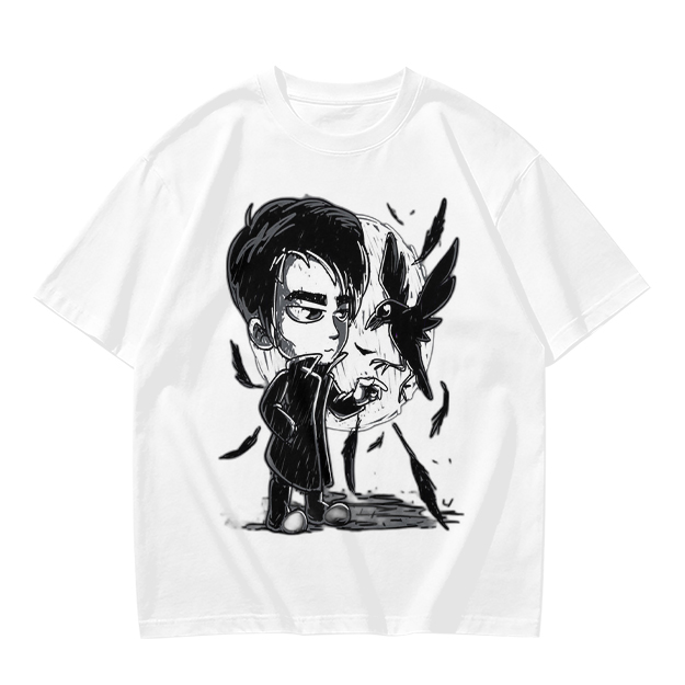 Olive T-Shirt with Chibi Dark Character and Crow Print