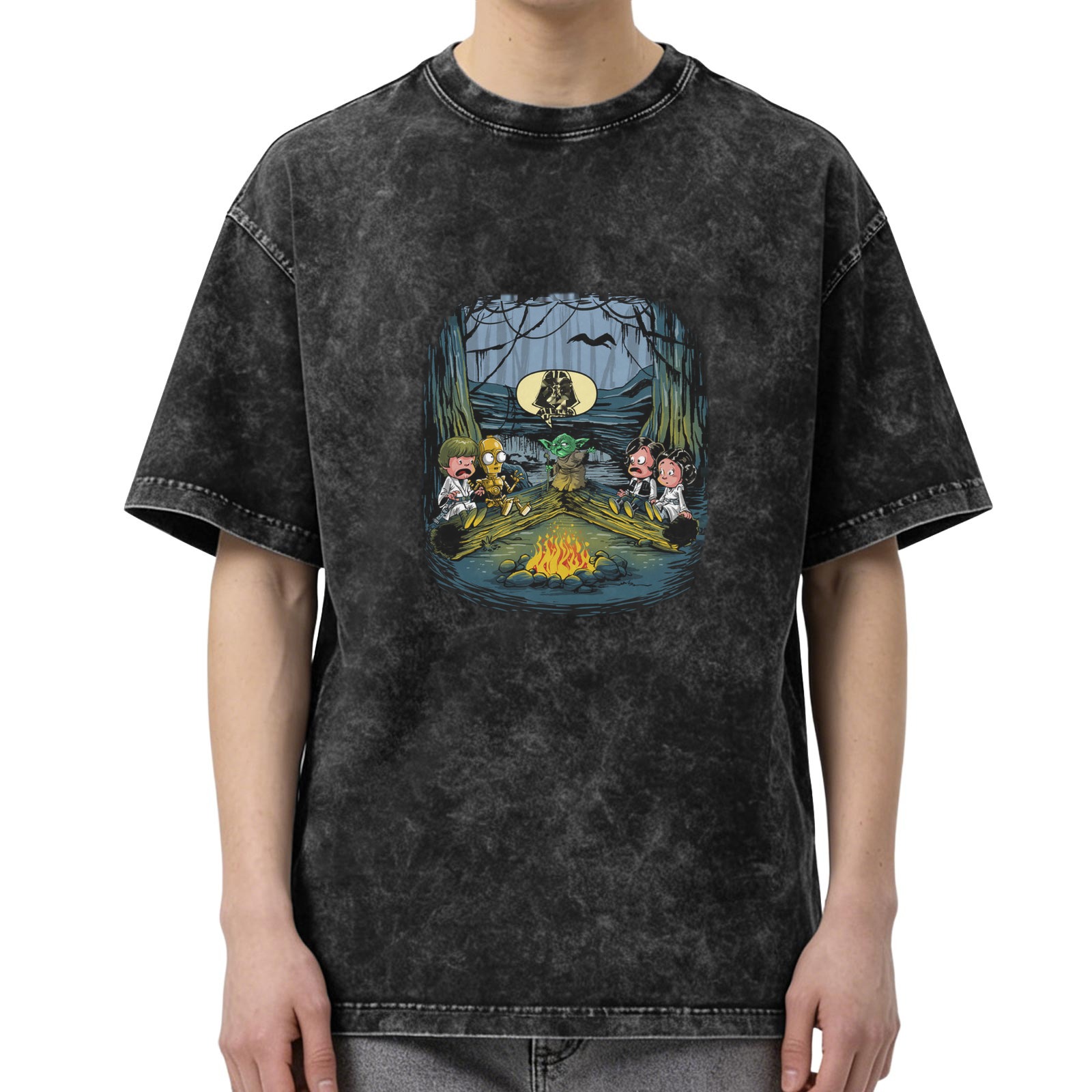 Washed black t-shirt with cartoon star campfire graphic