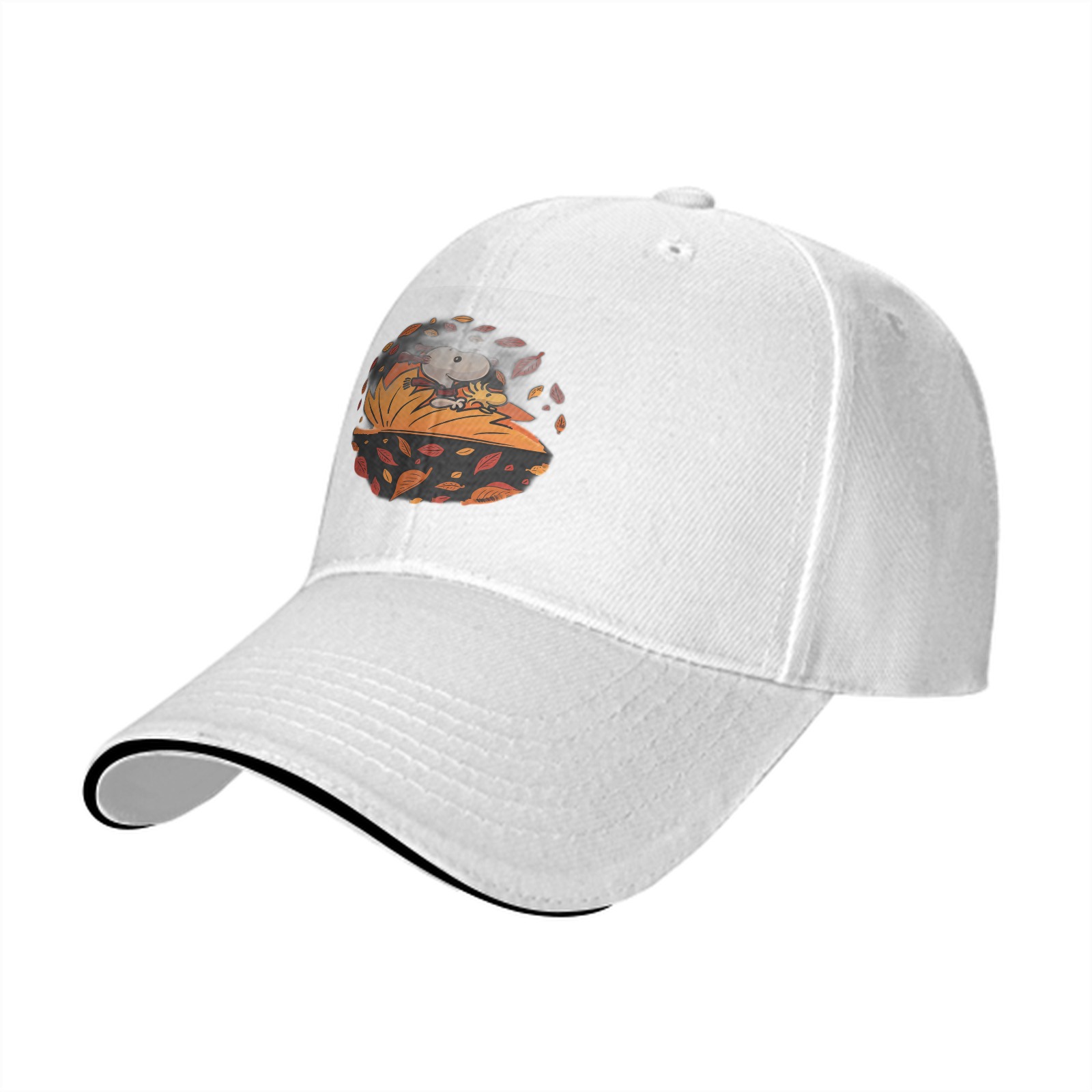 Black baseball cap with autumn leaf and character graphic