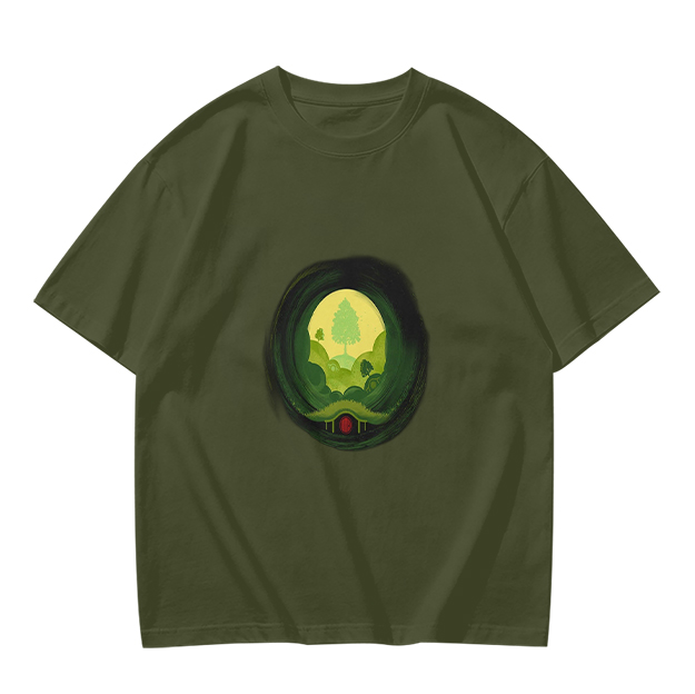 Olive Green T-Shirt with Hobbit Hole Landscape Art Print
