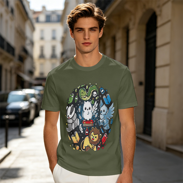 Olive T-Shirt With Cute Harry Potter House Mascots Artwork