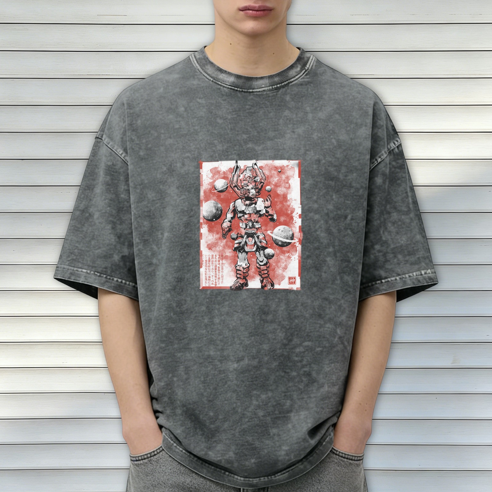 Oversized Acid Wash T-Shirt With Samurai Robot Space Art Print