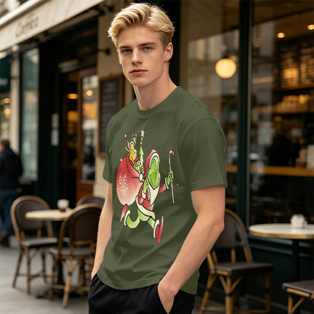 Olive T-shirt with Grinch Santa Christmas Graphic Design