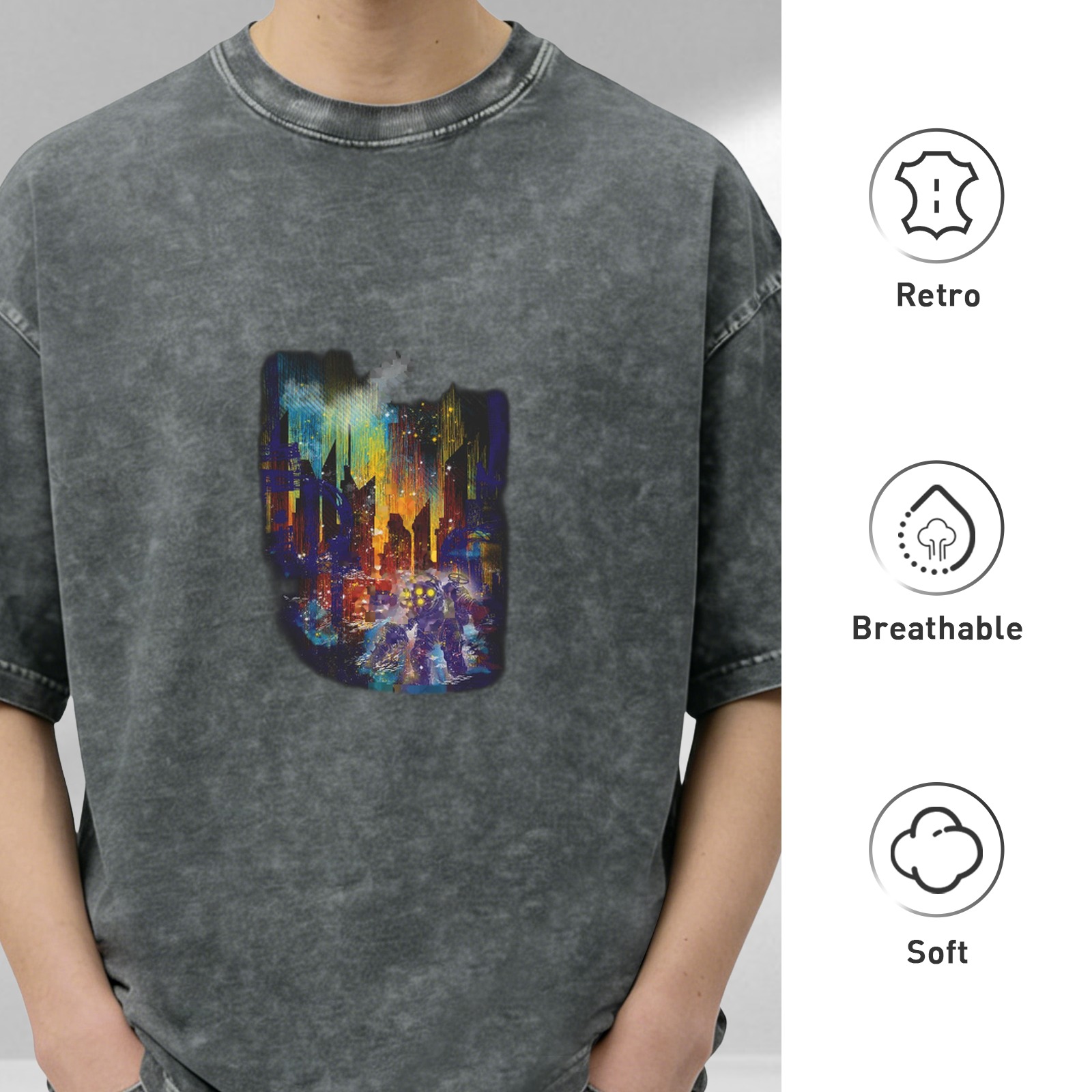 Men's distressed washed black loose short-sleeved T-shirt city night graffiti printed casual top