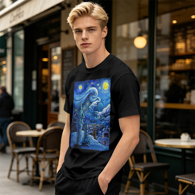 Olive T-Shirt with Starry Night Alien Landscape Art Print