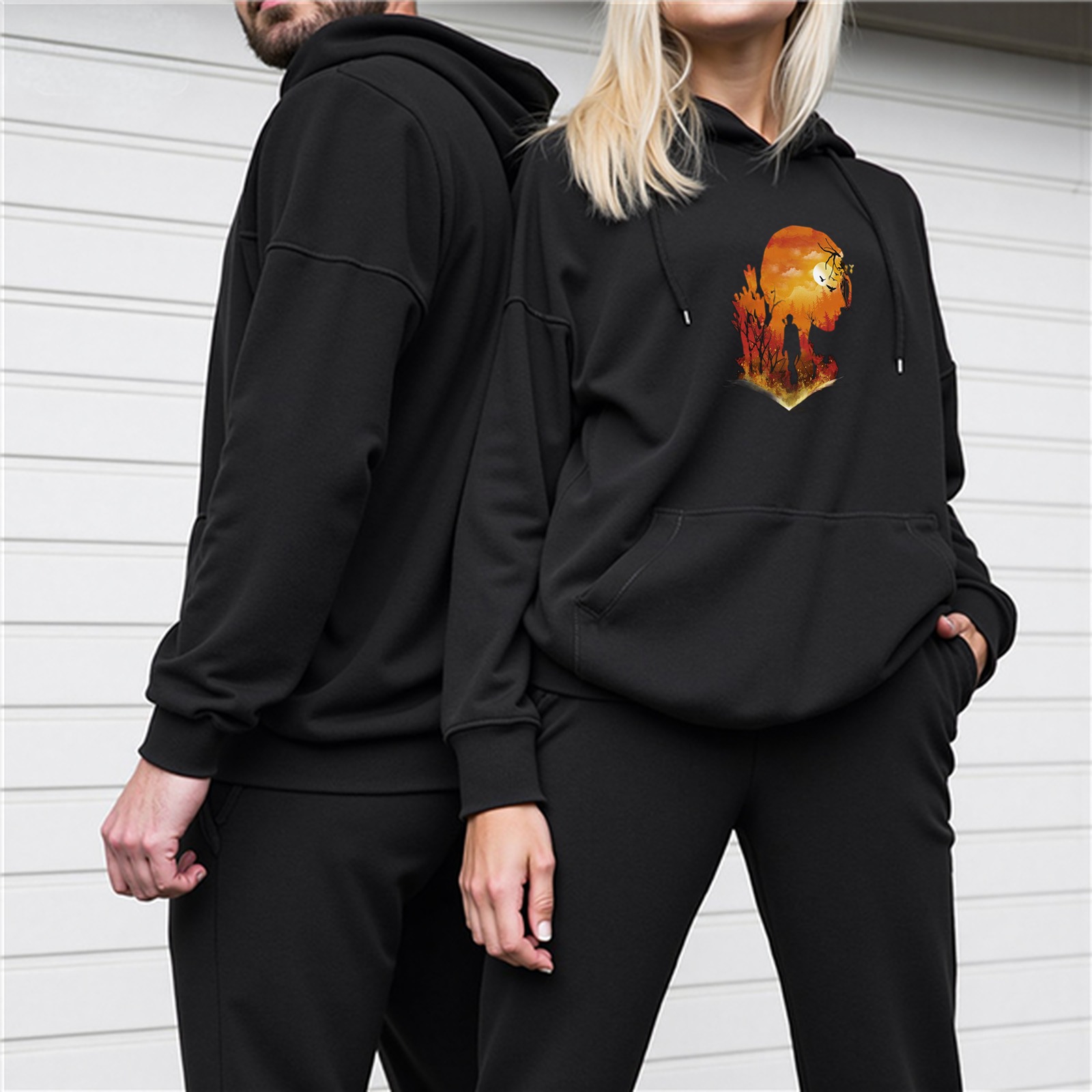 Black Hoodie With Sunset Silhouette Wilderness Graphic Print
