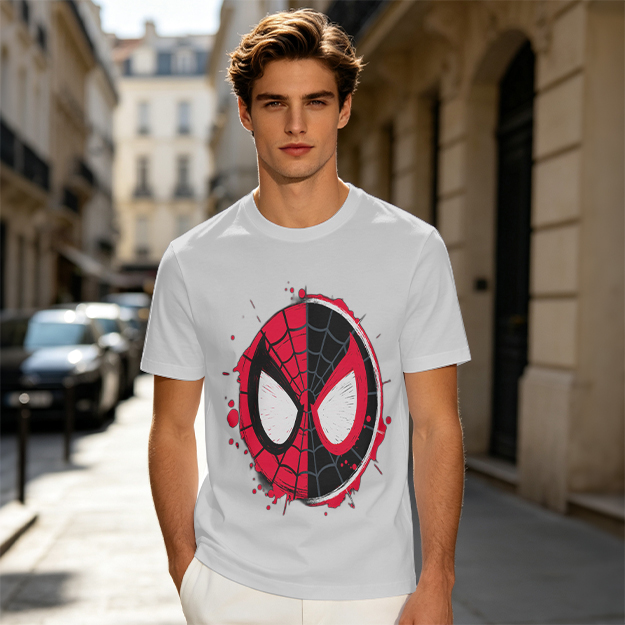 Olive T-Shirt with Split Spider-Man Mask Graphic