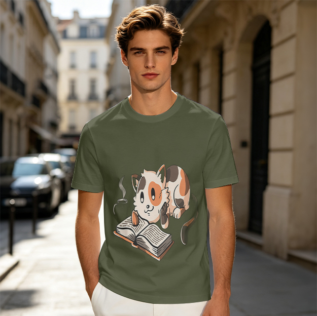 Olive Green T-Shirt With Cute Calico Cat Reading Book Print