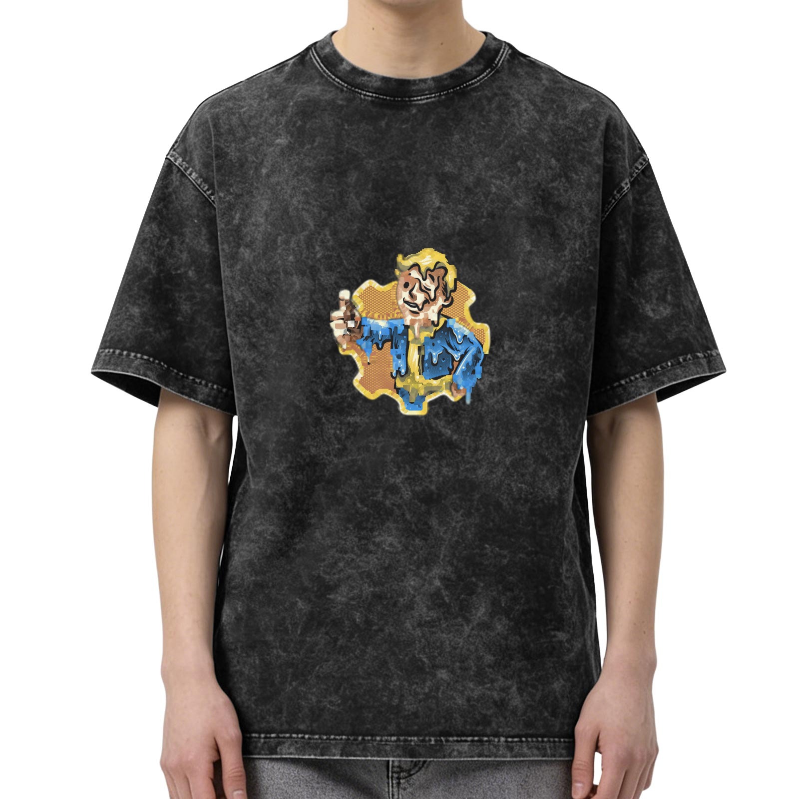 Washed Black Oversized T-Shirt With Melting Vault Boy Graphic