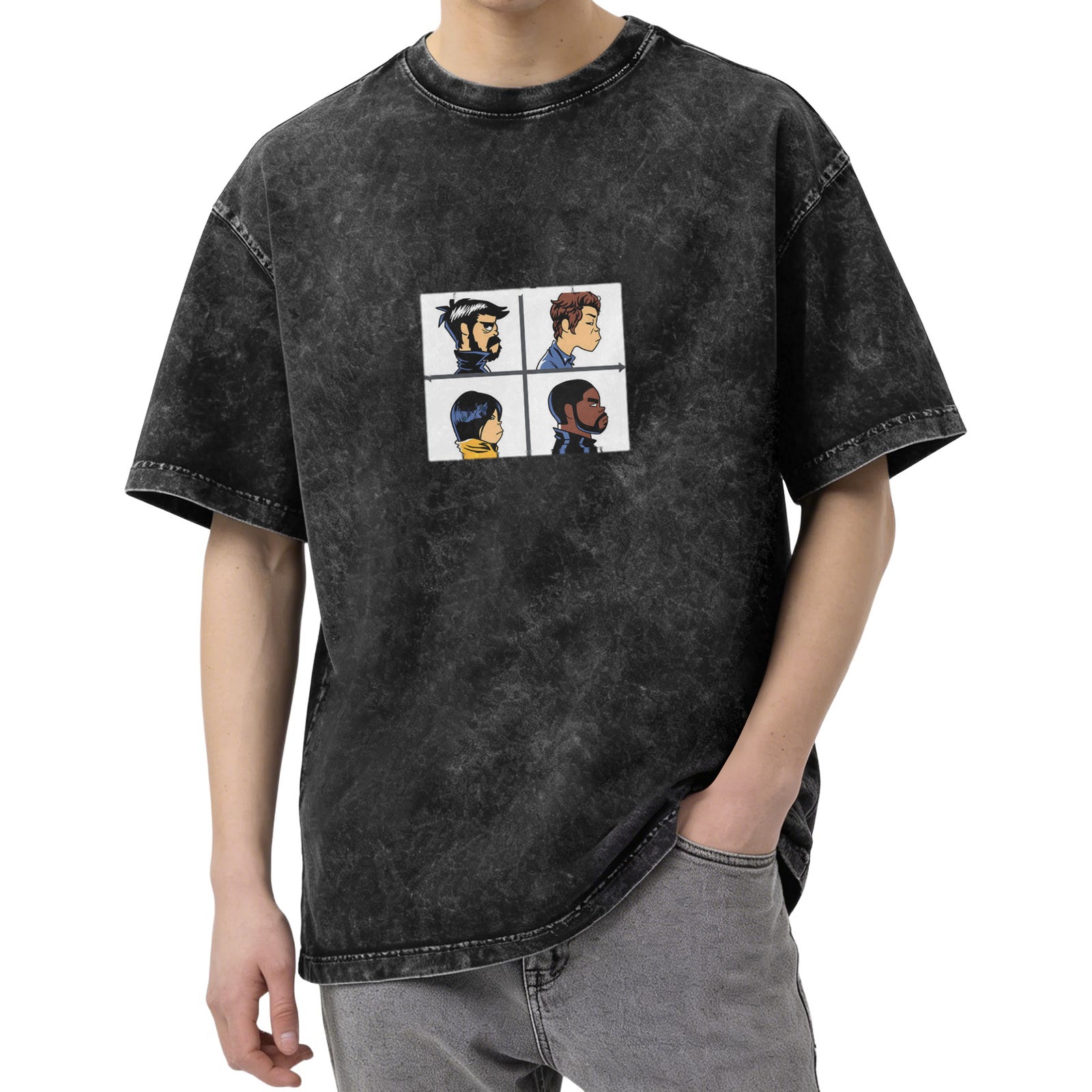 Distressed black short-sleeved T-shirt, four-frame cartoon character print, loose casual top