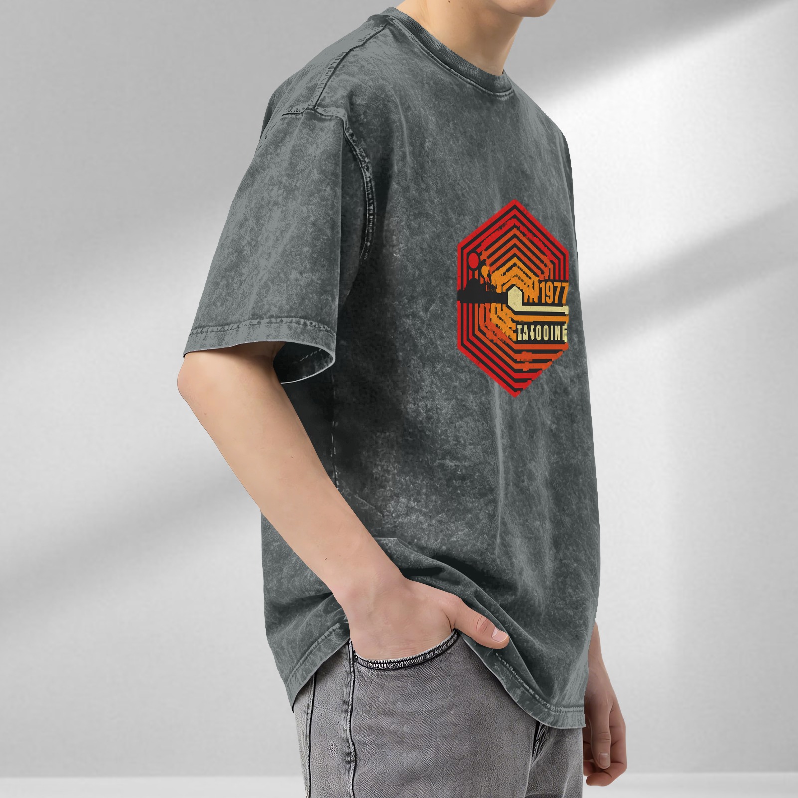 Vintage 1977 Tatooine Hexagon Graphic Stonewashed Black T-Shirt