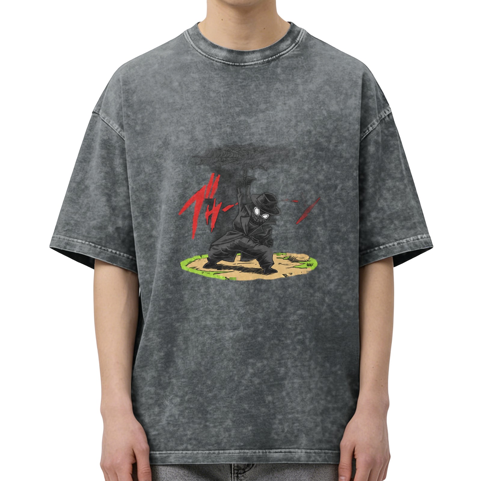 Washed black oversized t-shirt with anime ninja graphic print