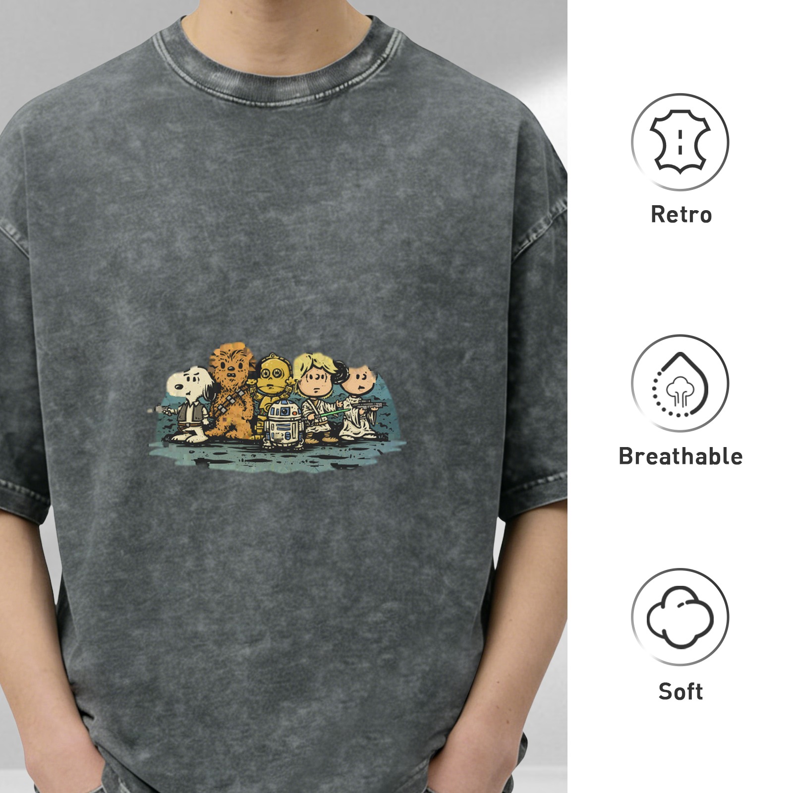 Distressed washed black loose short-sleeved T-shirt Peanuts co-branded Star Wars character printed top