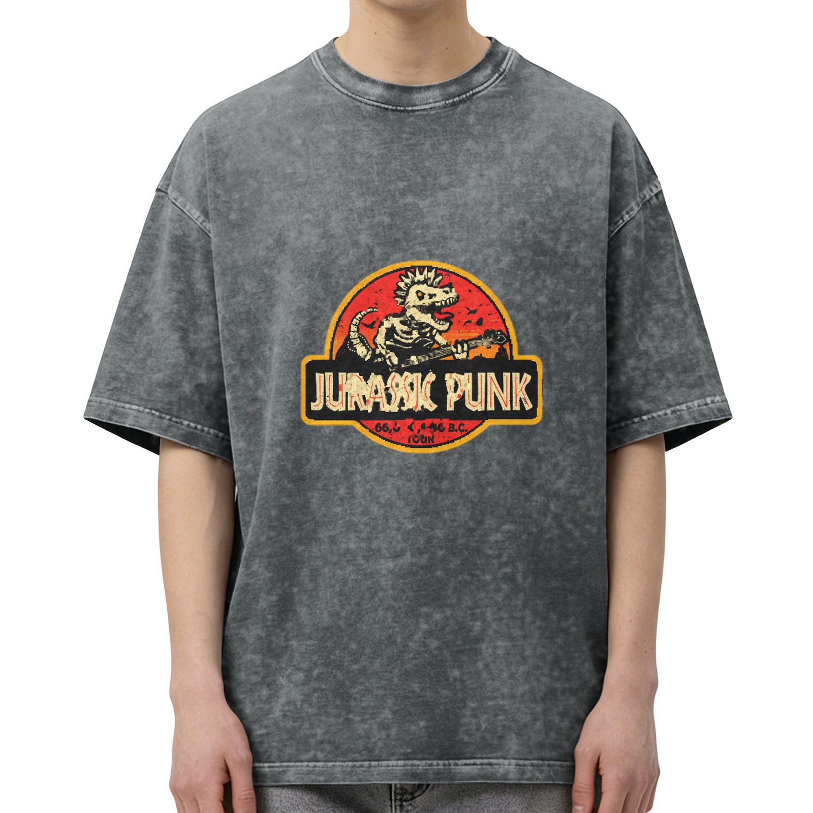 Jurassic Punk Dinosaur Skeleton Graphic Acid Wash T-Shirt