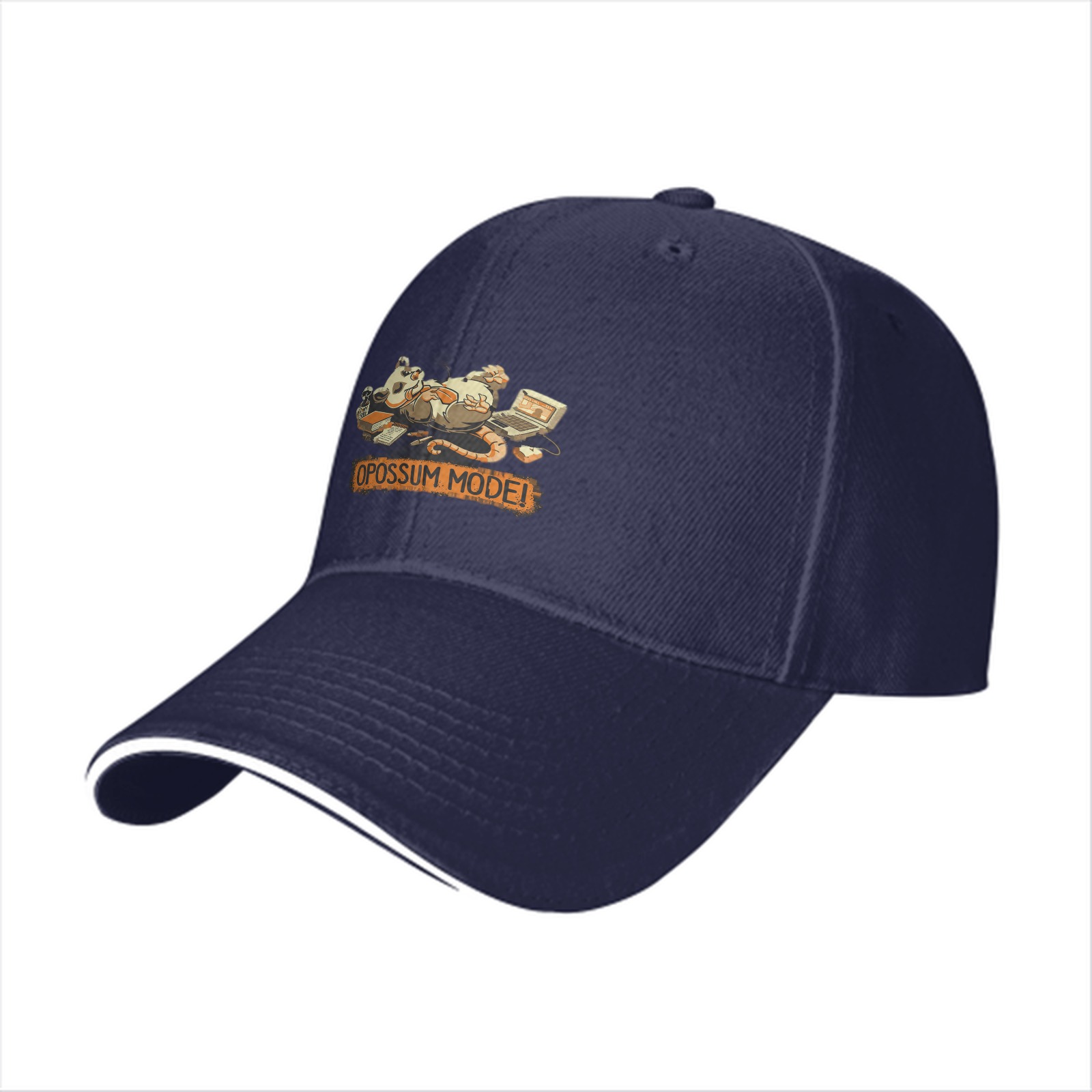 Black baseball cap with relaxed opossum 'OPOSSUM MODE!' graphic