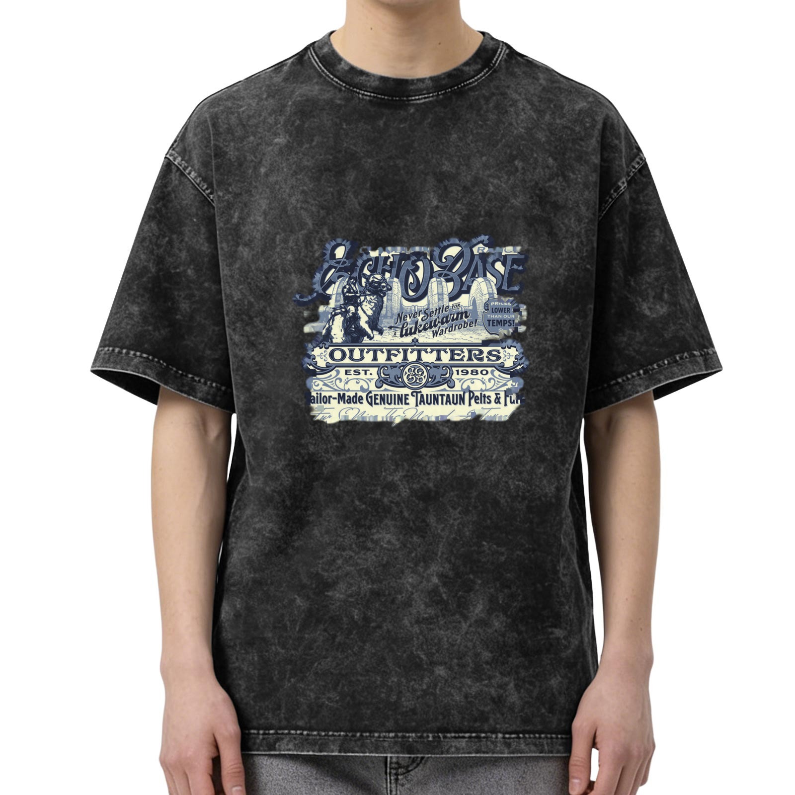 Distressed washed black round neck short-sleeved T-shirt themed printed outdoor style top