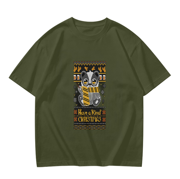 Olive green t-shirt with Hufflepuff badger Christmas print