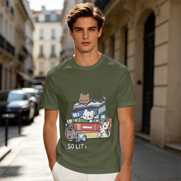 Olive T-Shirt With Cute Kittens On Stacked Books 'So Lit' Print
