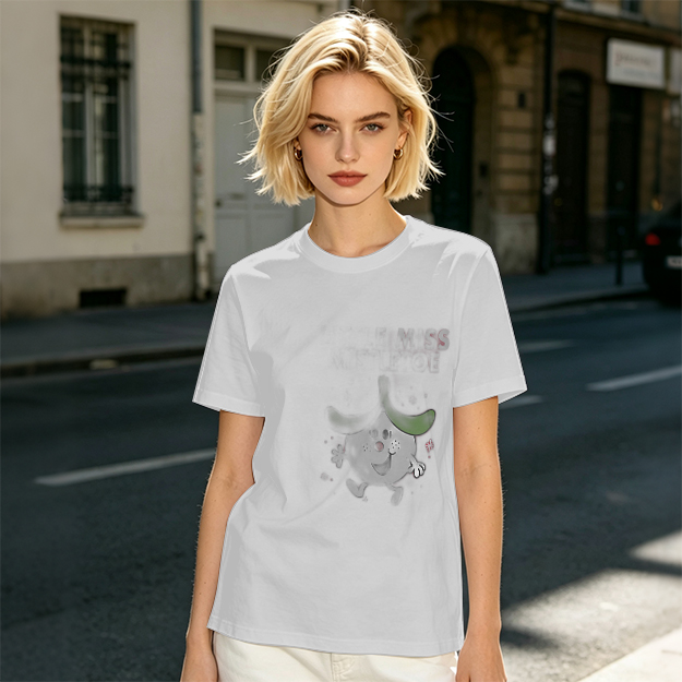 Olive green graphic t-shirt with playful cartoon character print