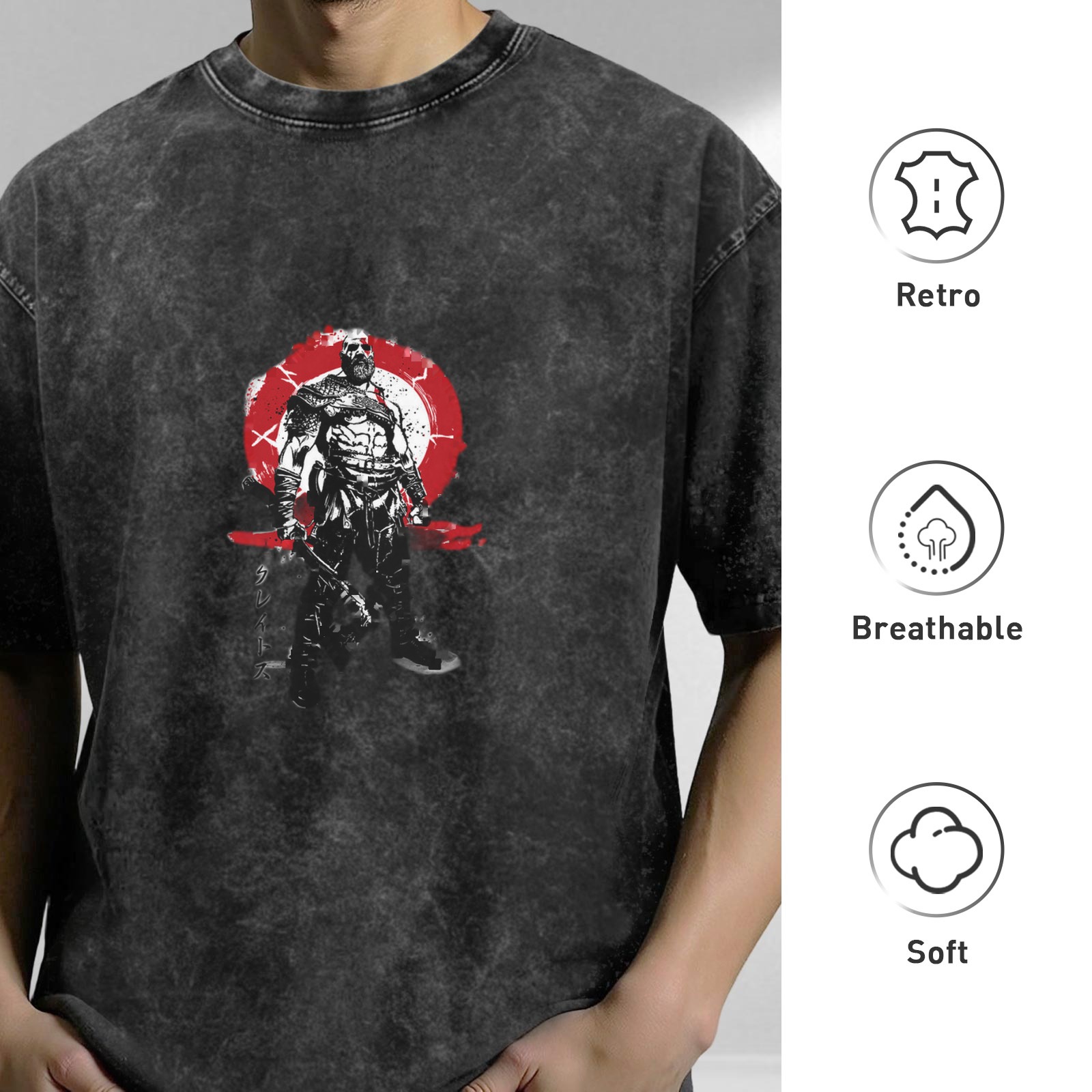 Washed Black Graphic T-Shirt with Warrior Figure Print