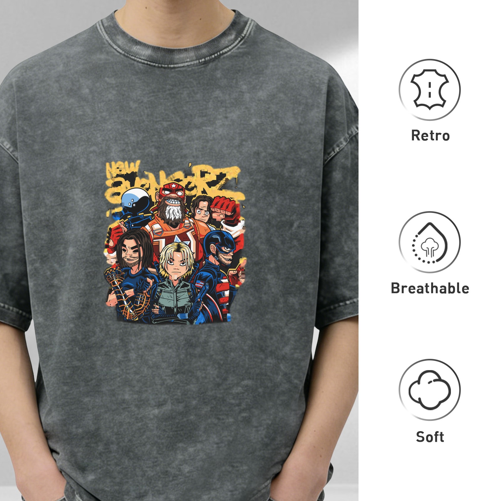 Washed Black T-Shirt With New Avengerz Superhero Group Artwork