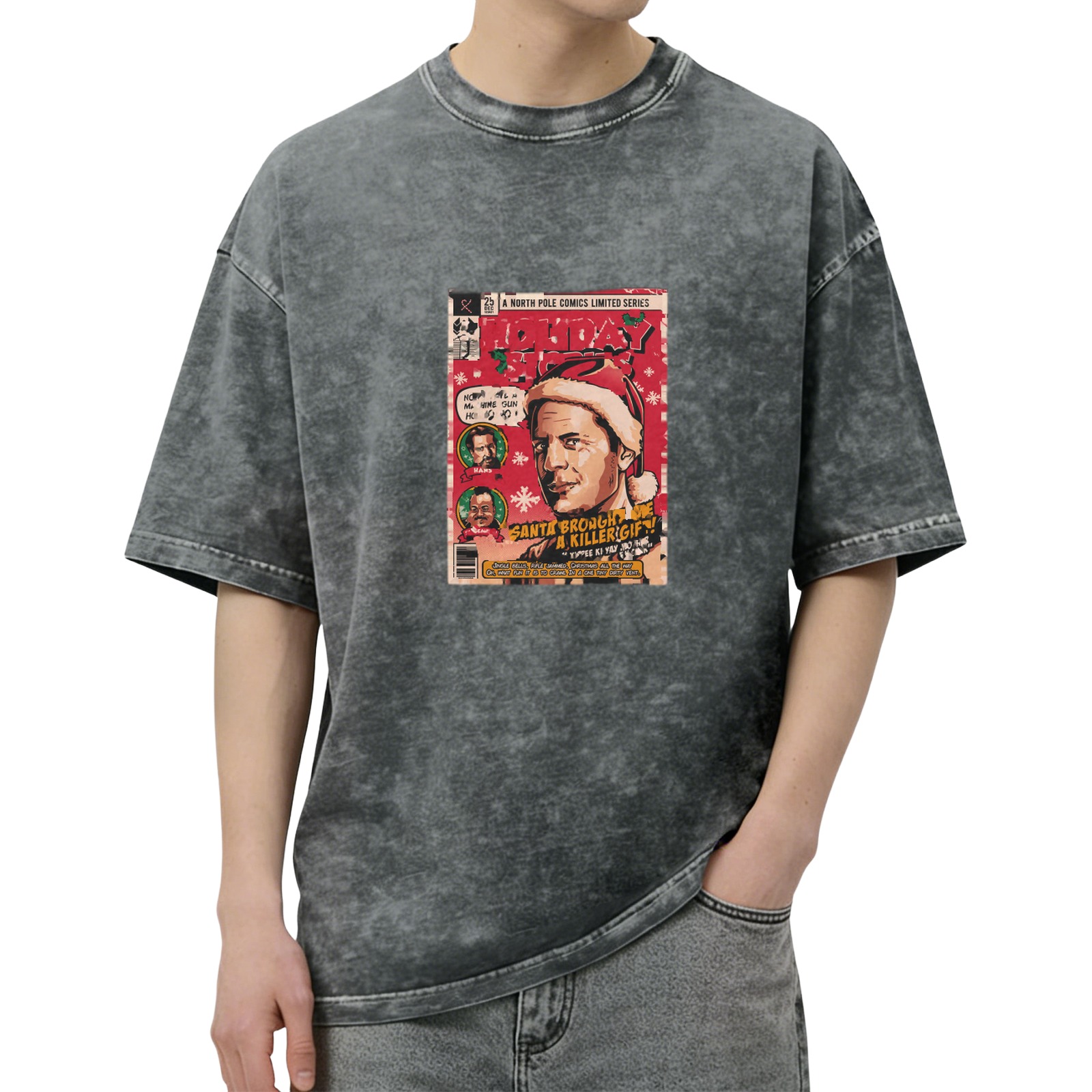 Oversized Washed Black T-Shirt with Die Hard Christmas Comic Book Print