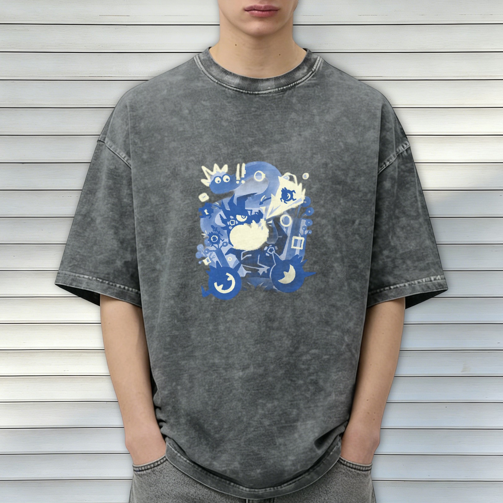 Oversized Washed Black T-Shirt With Blue Whimsical Graphic Print