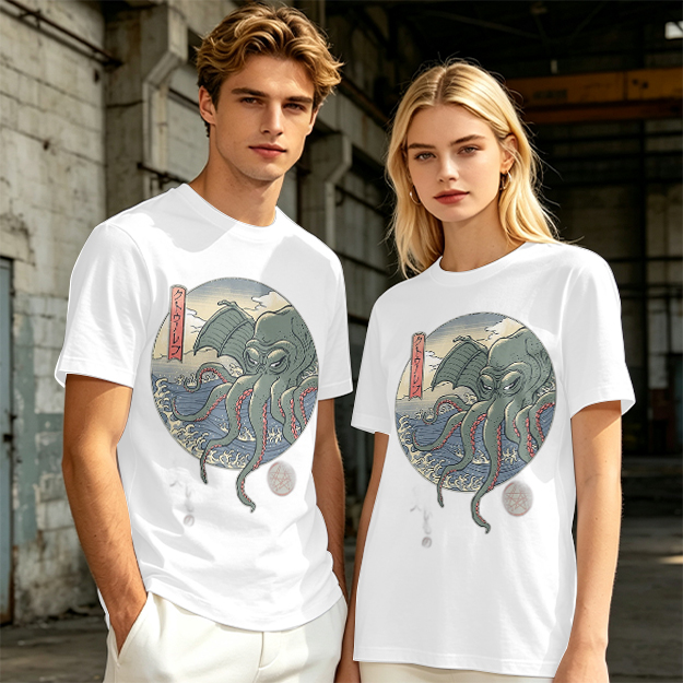Olive T-shirt with Ukiyo-e Style Cthulhu Octopus Print
