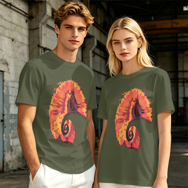 Olive T-Shirt With Fiery Spiral And Silhouette Figure Print
