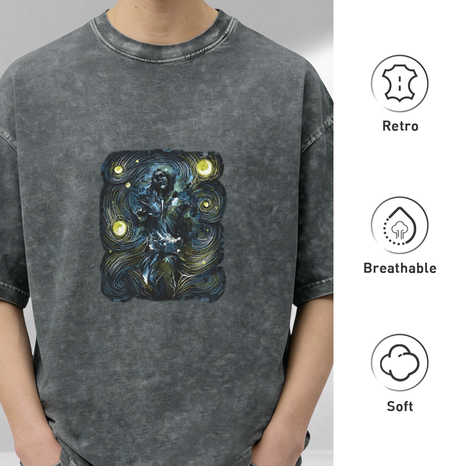 Oversized Acid Wash T-Shirt with Starry Night Style Graphic Print