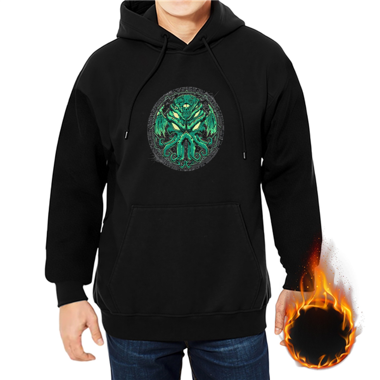 Black Hoodie With Green Cthulhu Monster Emblem Print