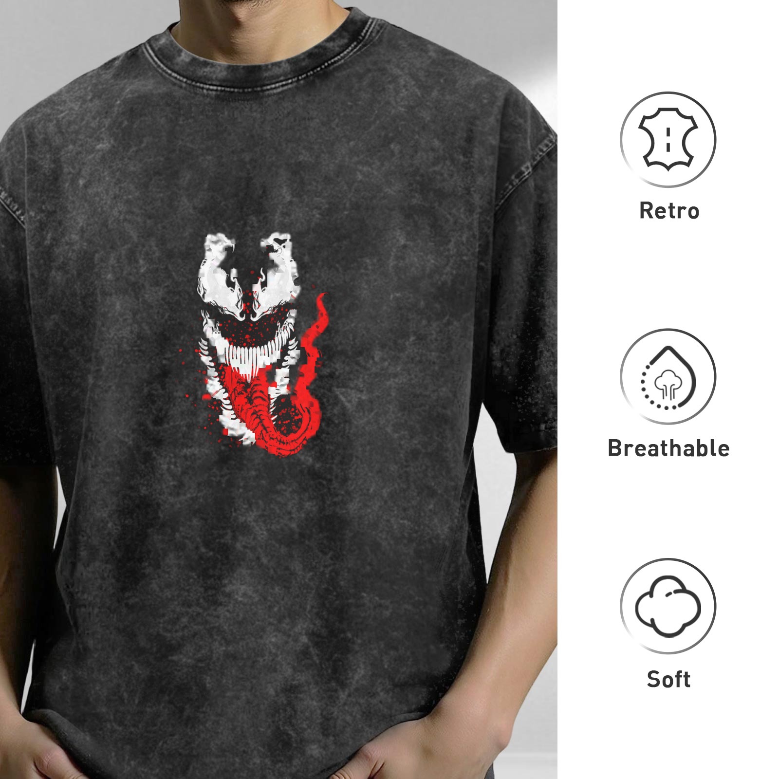Oversized Acid Wash T-Shirt with Venom Graphic Print