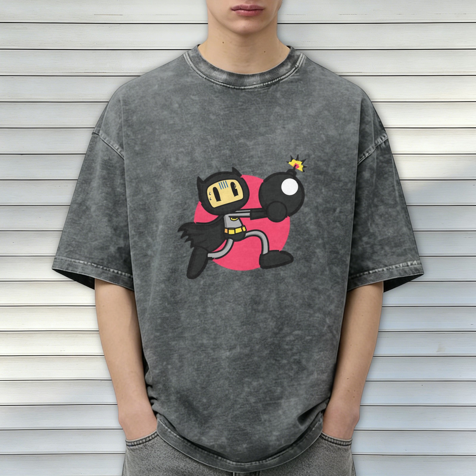 Oversized Acid Wash T-Shirt With Batman Bomber Cartoon Graphic