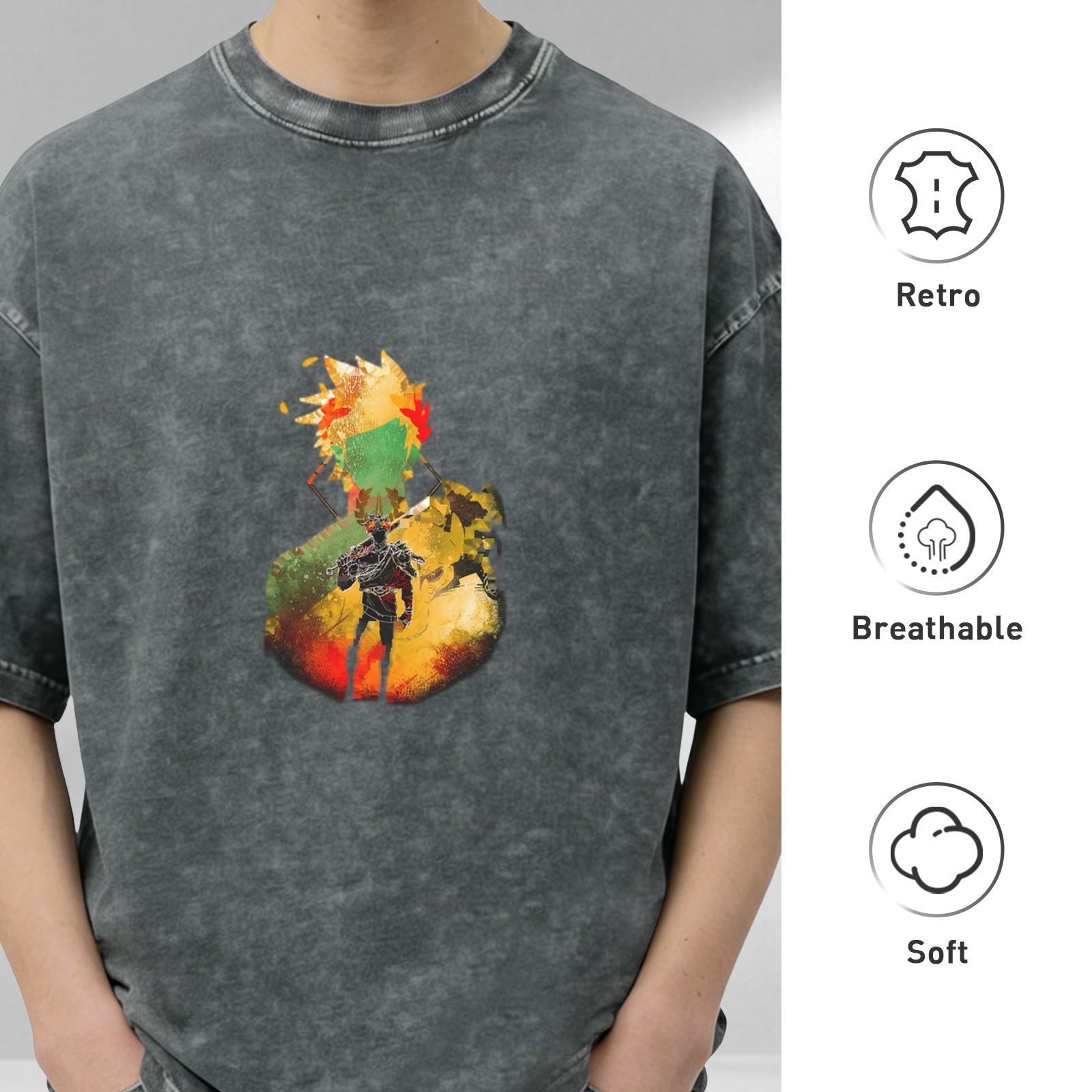Oversized Acid Wash T-Shirt with Anime Warrior Graphic Print