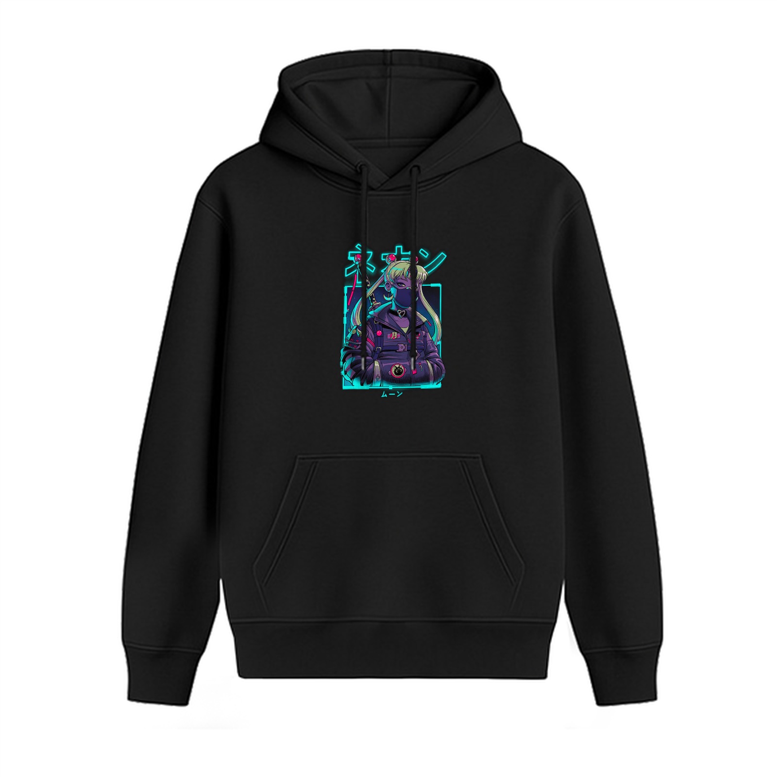 Black hoodie with cyberpunk anime character graphic