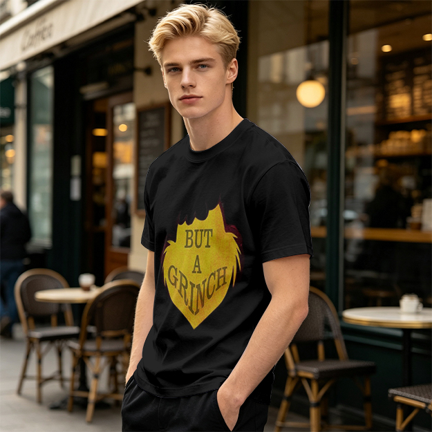 Olive green t-shirt with 'But A Grinch' graphic print