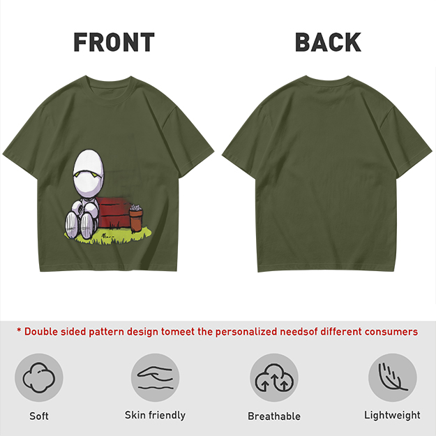 Olive T-Shirt With Sad Sitting Robot Graphic Print