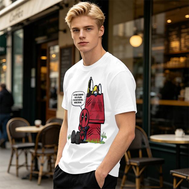 Olive t-shirt with Deadpool and Snoopy mashup graphic