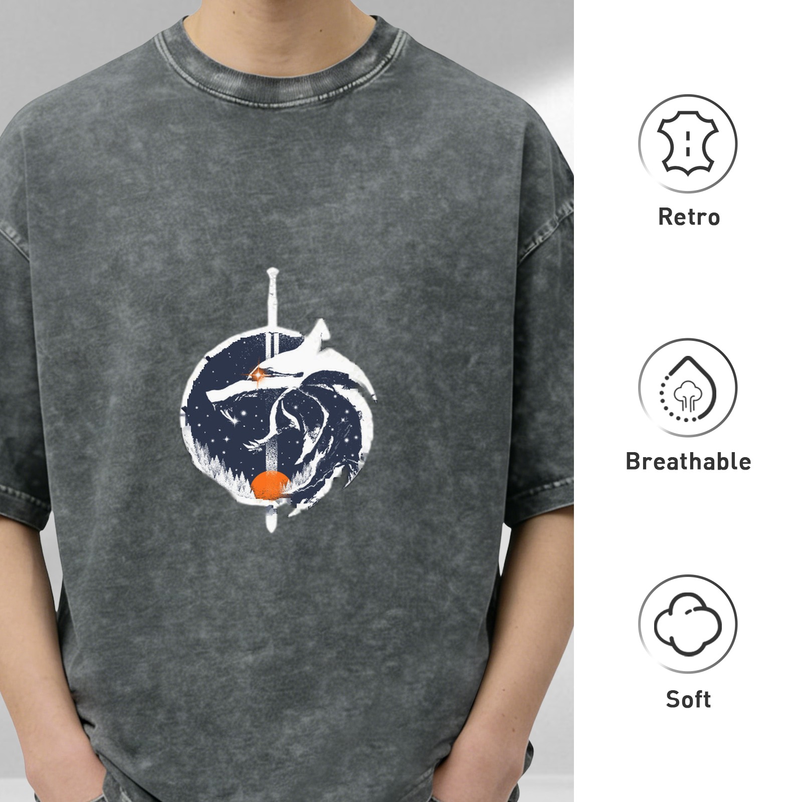 Distressed washed black round neck short-sleeved T-shirt Wizard themed wolf and sword printed loose top