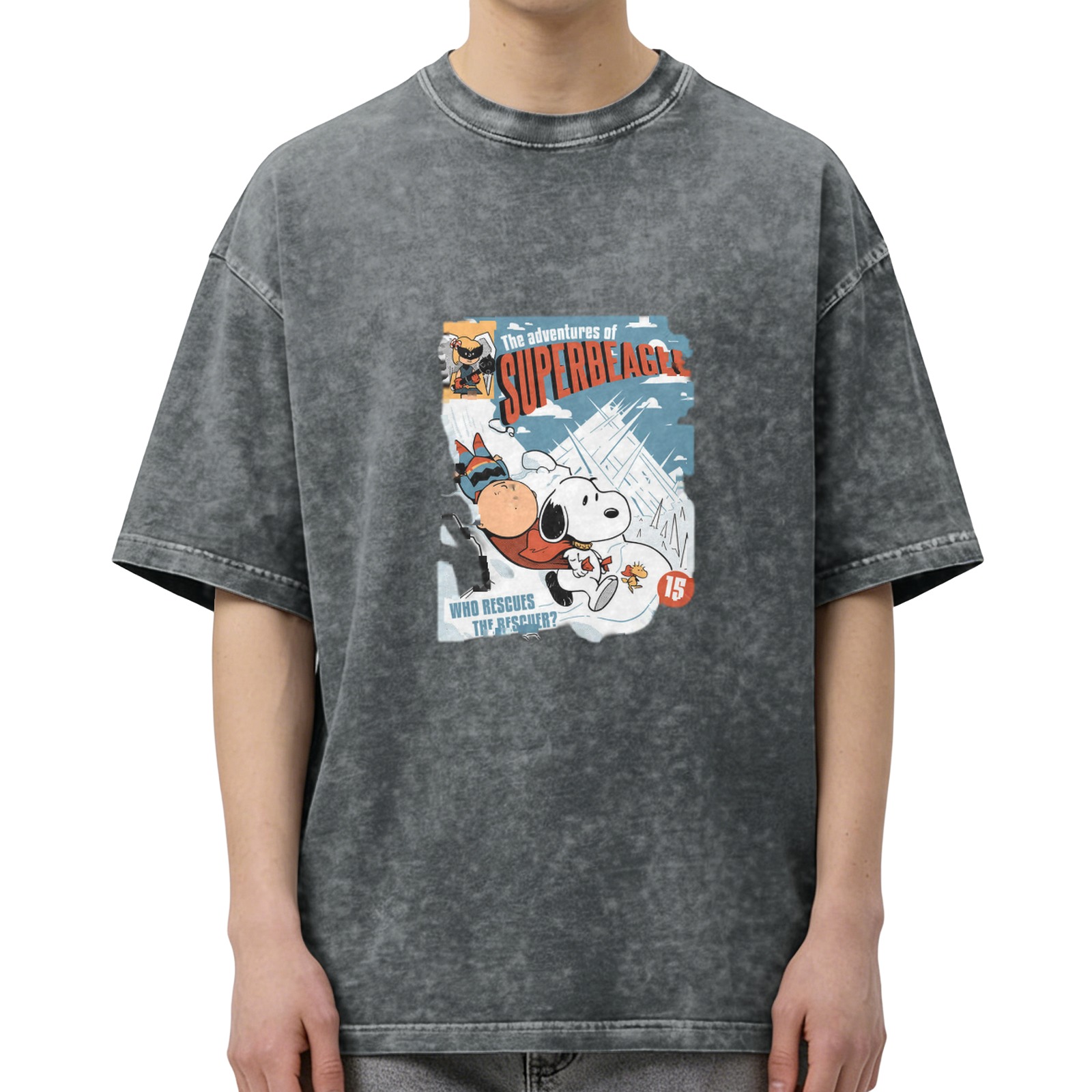 Snoopy Superbeagle Comic Print Oversized Acid Wash T-Shirt