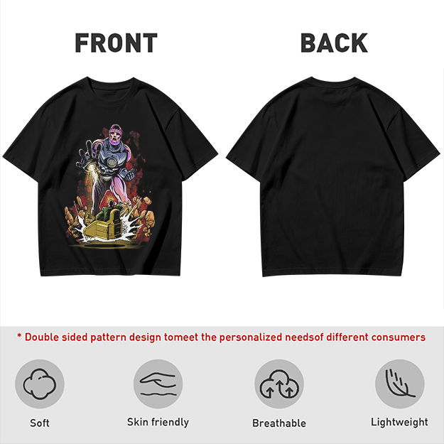 Olive T-shirt with Robot Villain and Tank Action Graphic