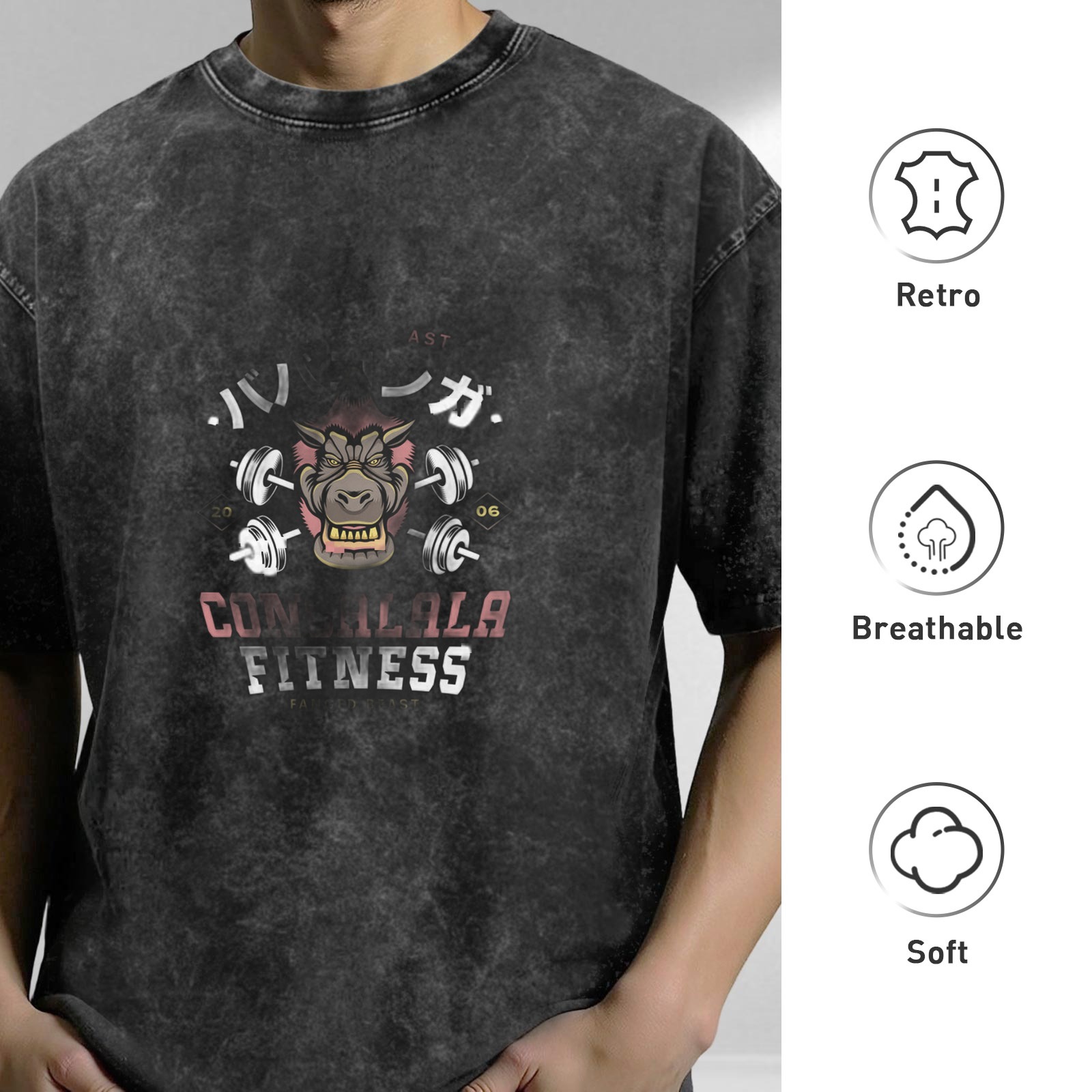 Oversized Stonewashed Gym T-Shirt with Fitness Gorilla Graphic