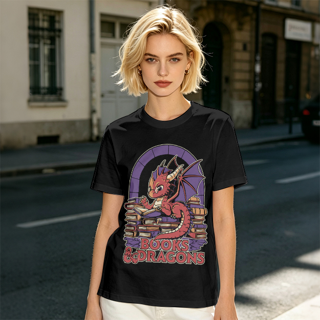 Olive t-shirt with cute red dragon reading books graphic