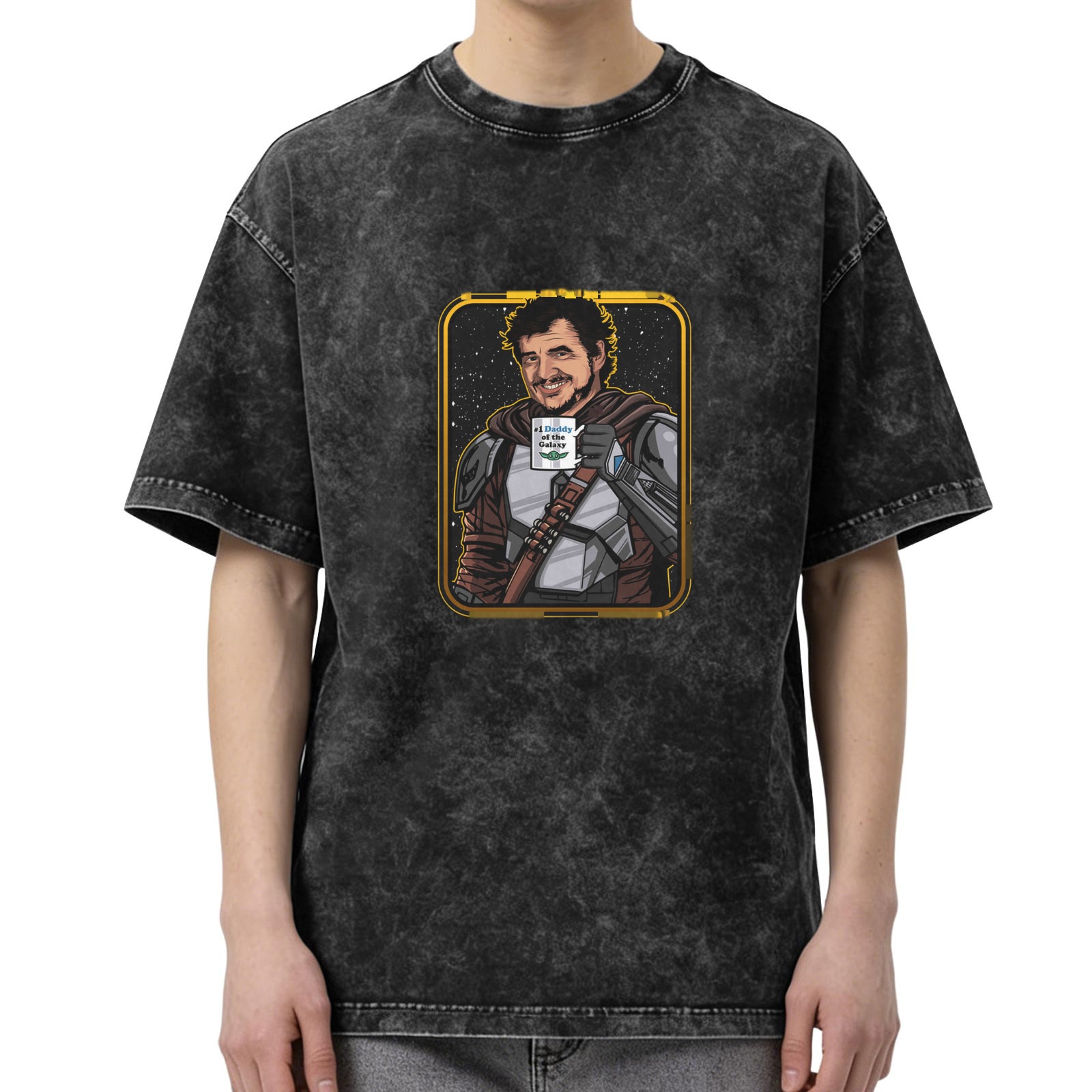 Washed Black T-Shirt with Smiling Mandalorian Holding Coffee Mug Graphic