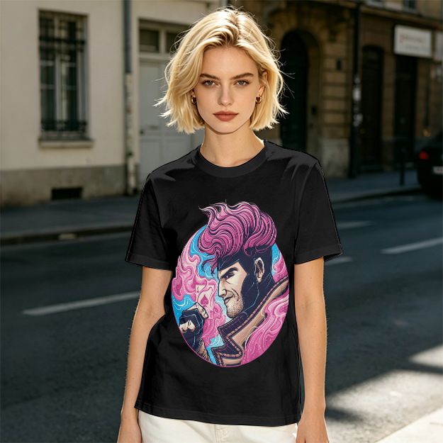 Olive T-Shirt With Pink Haired Superhero Character Art Print
