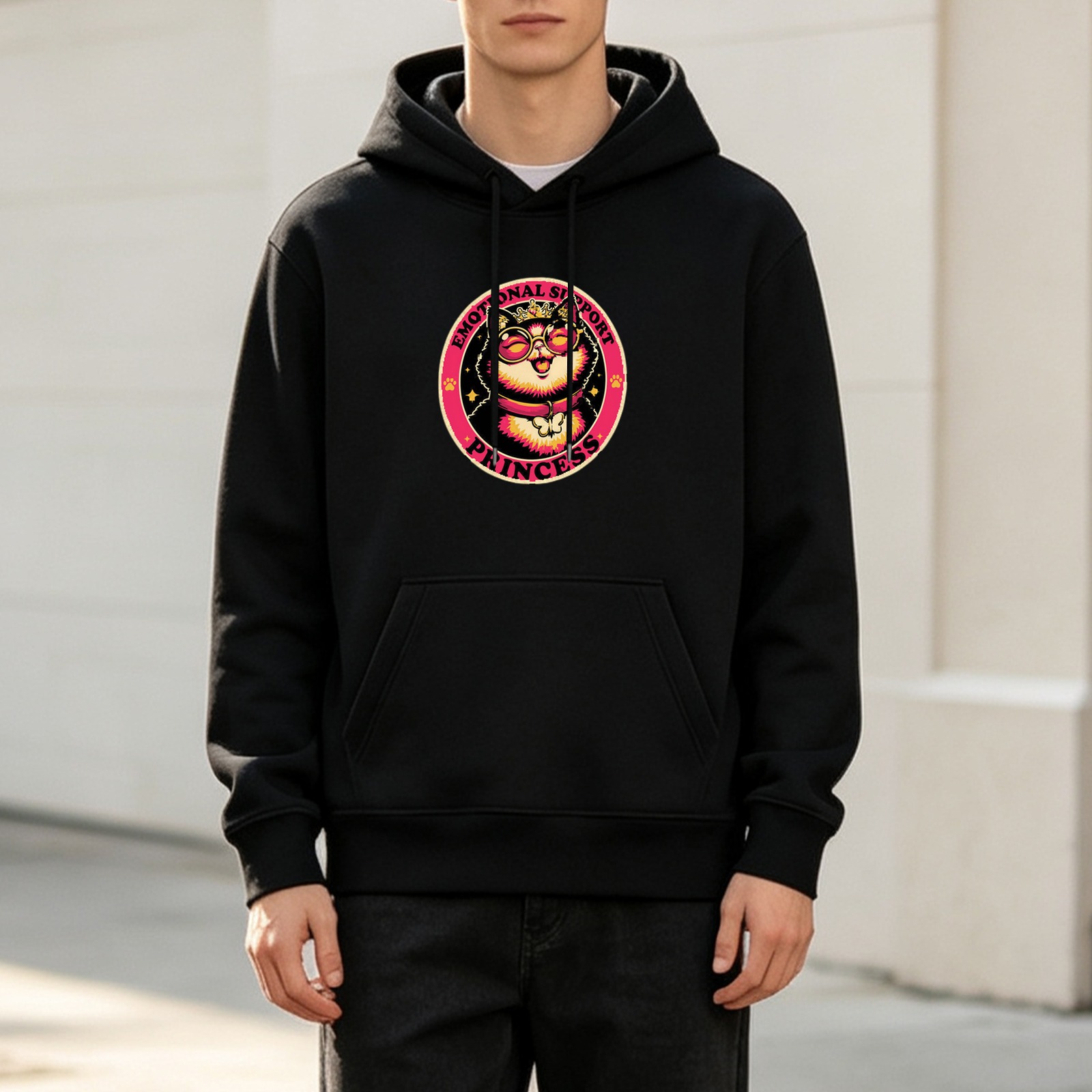 Black hoodie with emotional support princess cat graphic