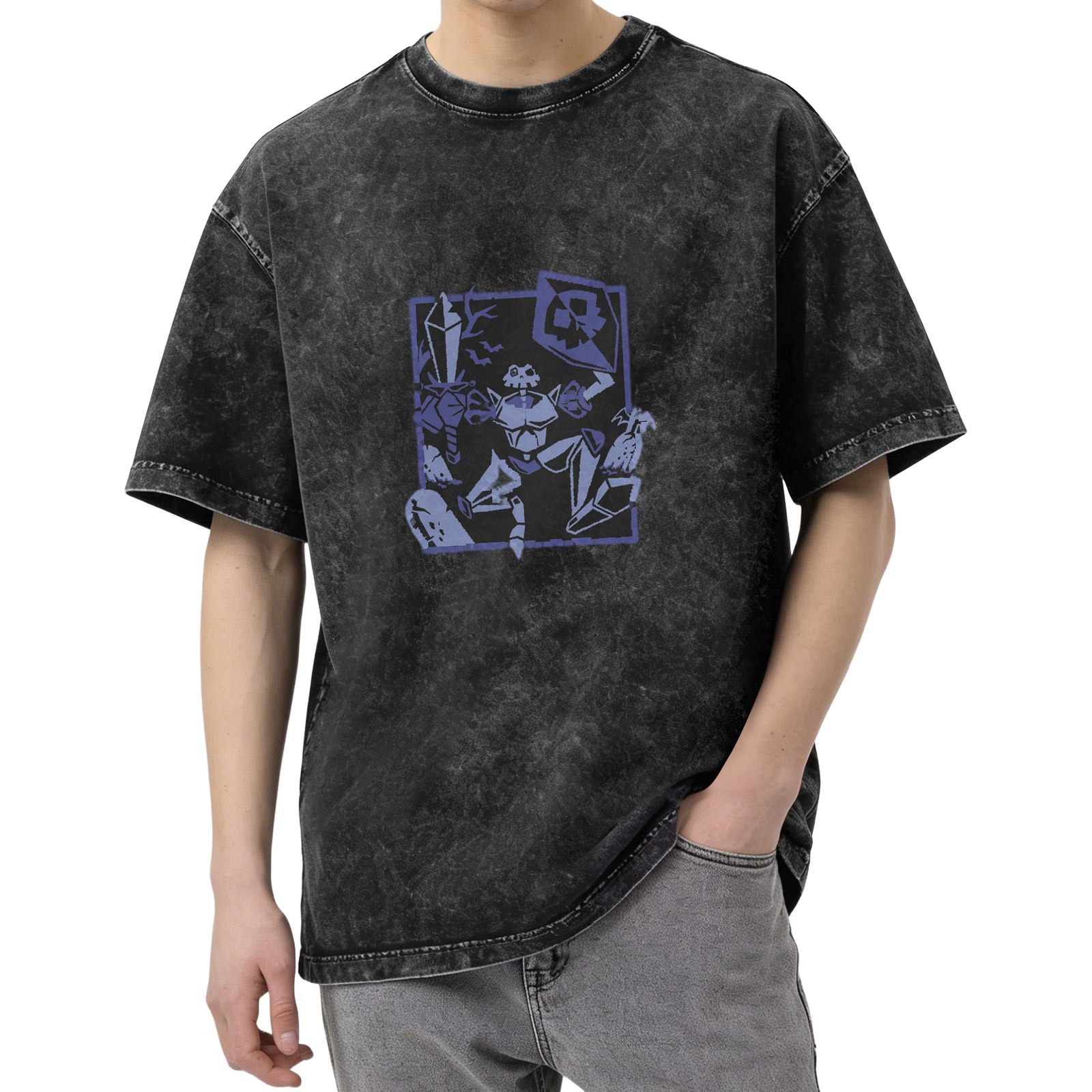 Oversized Dark Wash T-Shirt with Skeleton Warrior Graphic